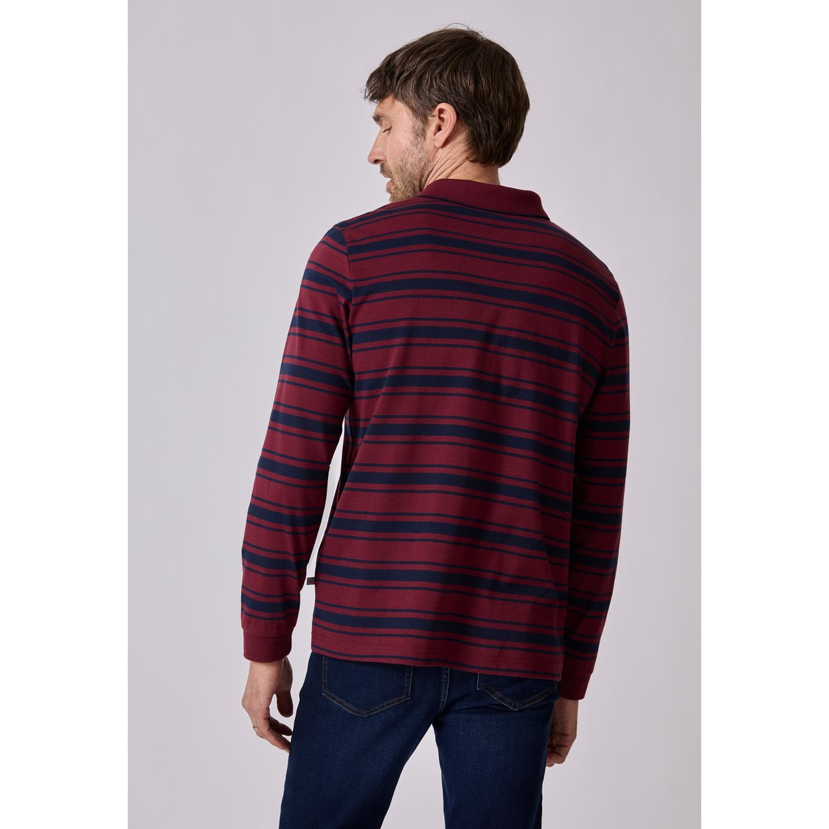 Polo manches longues en maille jersey rouge bordeaux rayé, DAMART