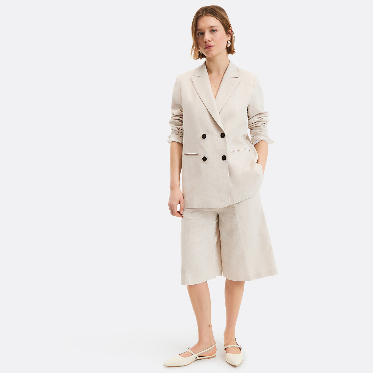 Bermuda in lino e cotone con pinces beige, LA REDOUTE COLLECTIONS