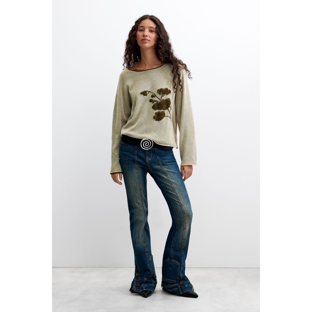 pull fin à fleurs vert, DESIGUAL