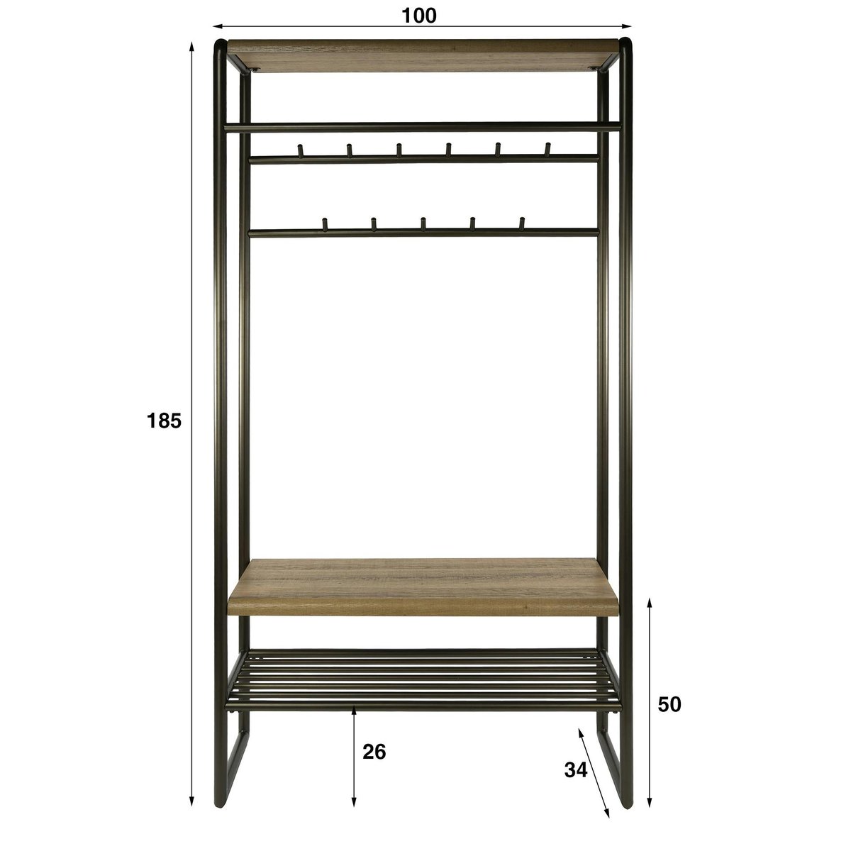 Vestiaire d'entrée vintage finition bronze 11 crochets HELSINKI bois naturel, PIER IMPORT