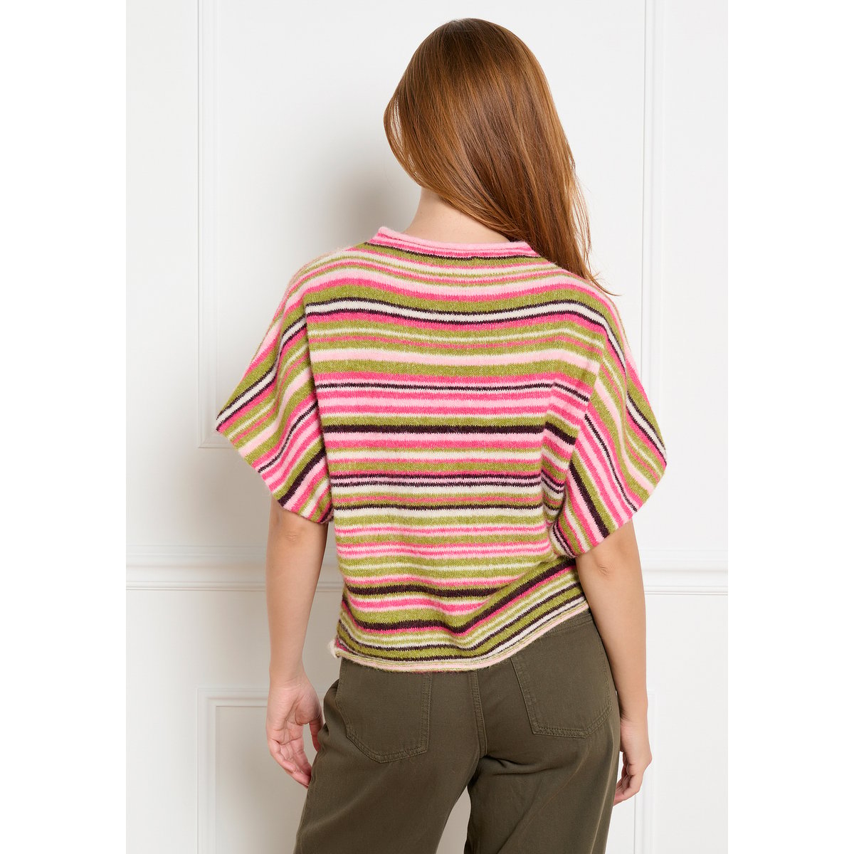 Pull rayé manches courtes vert, LOLALIZA