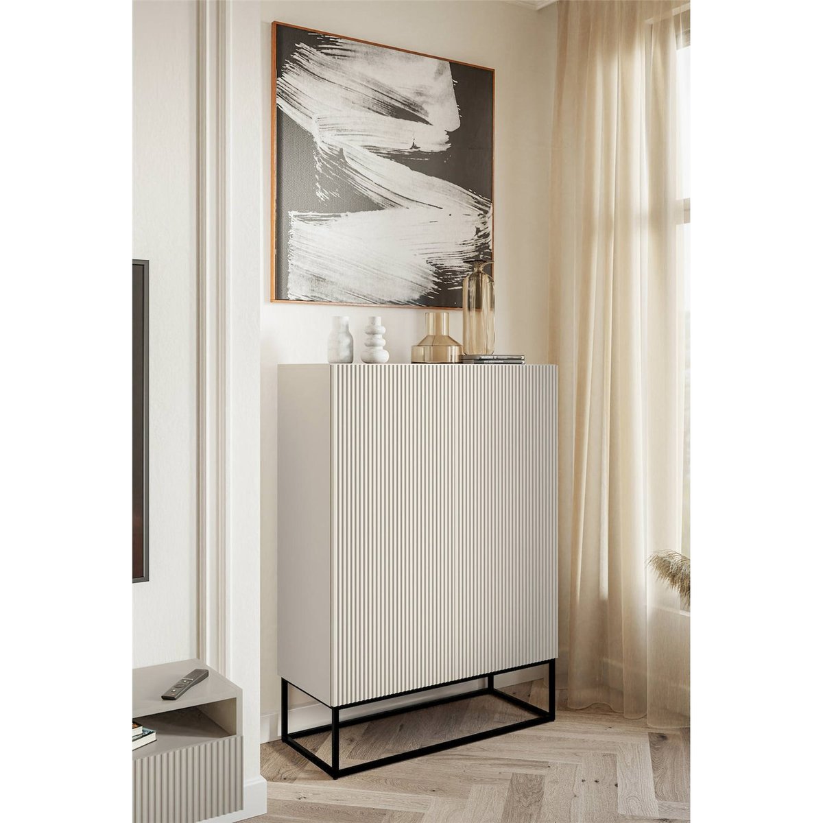 Commode 2 portes rainurée VELDIO en métal gris beige et noir, RECOLLECTION