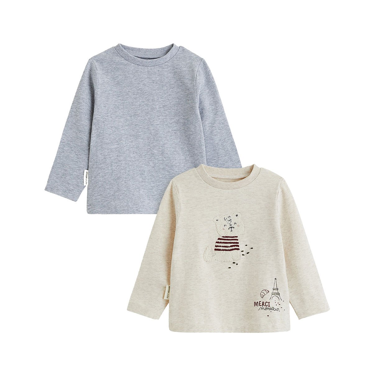 Lot de 2 t-shirts bébé manches longues Pistache gris, PETIT BEGUIN