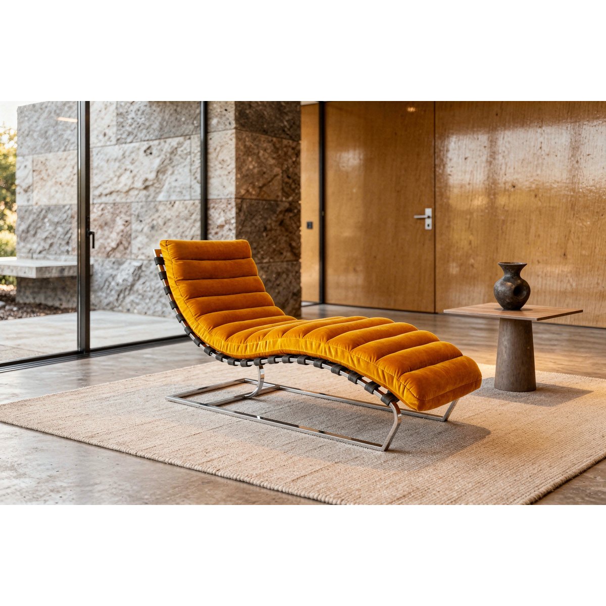Chaise longue en velours et acier chromé WEIMAR orange, PRODUIT INTERIEUR BRUT