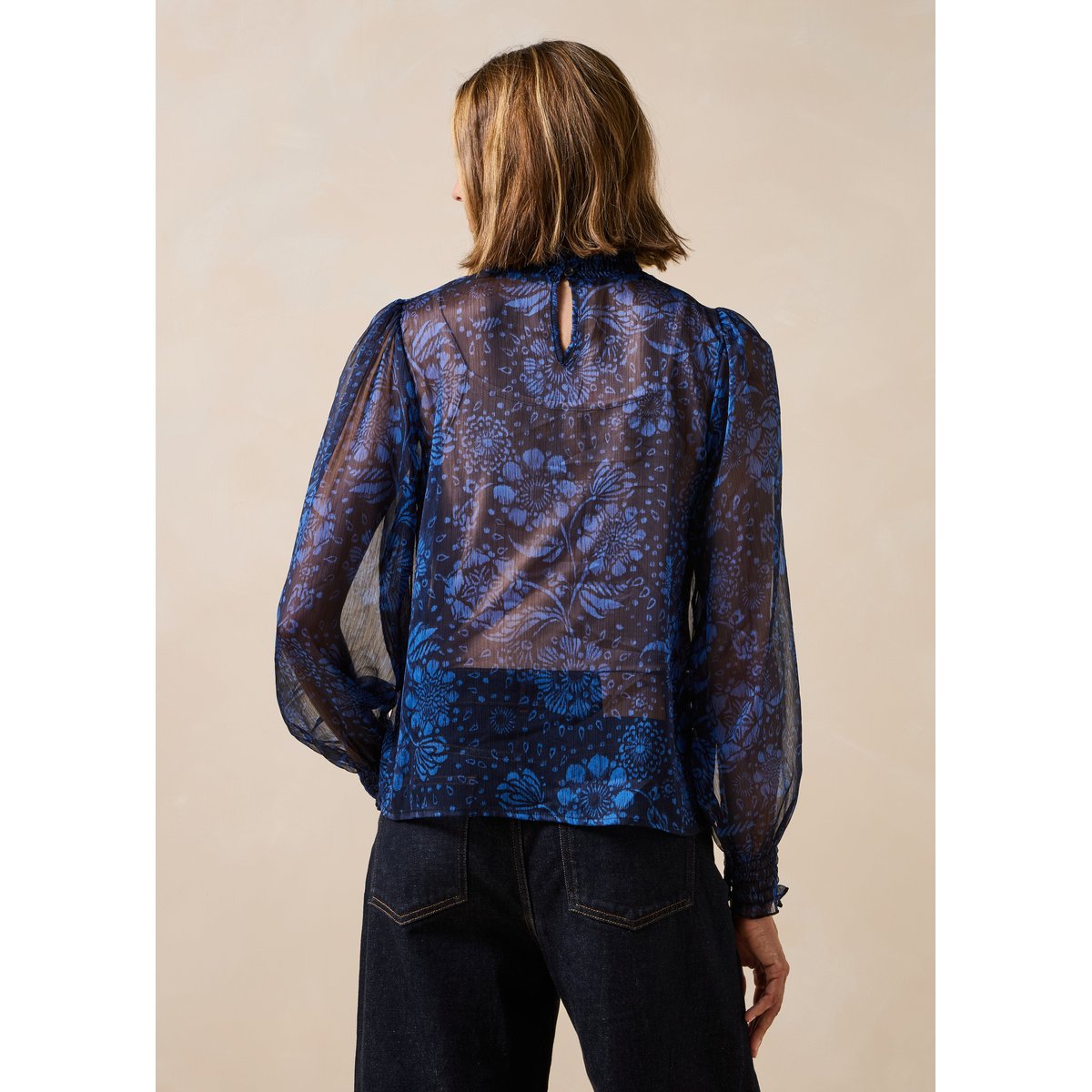 Top en voile imprimé floral manches longues bleu, LA FEE MARABOUTEE