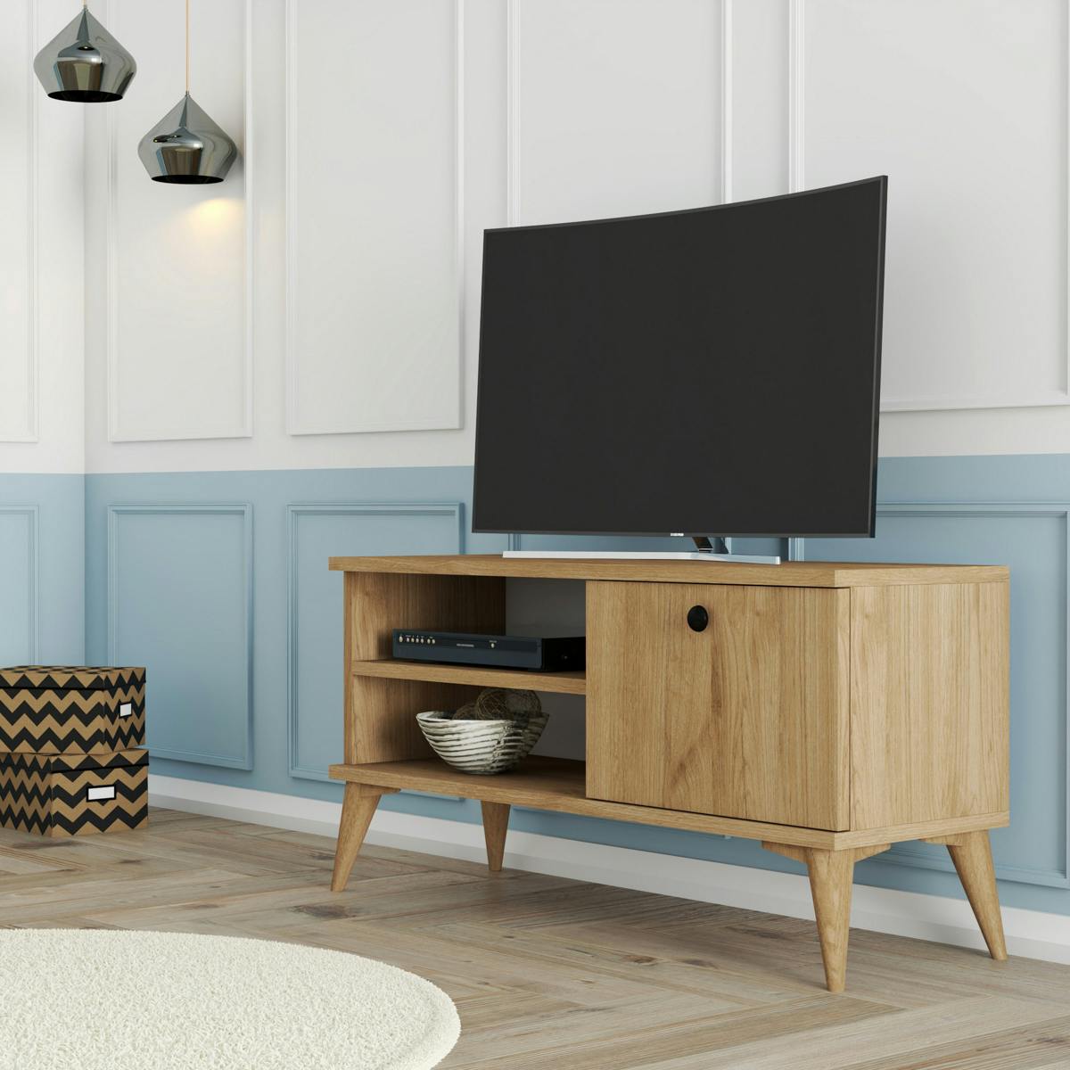 Petit meuble TV scandinave décor bois clair 1 porte UMEA bois naturel, PIER IMPORT