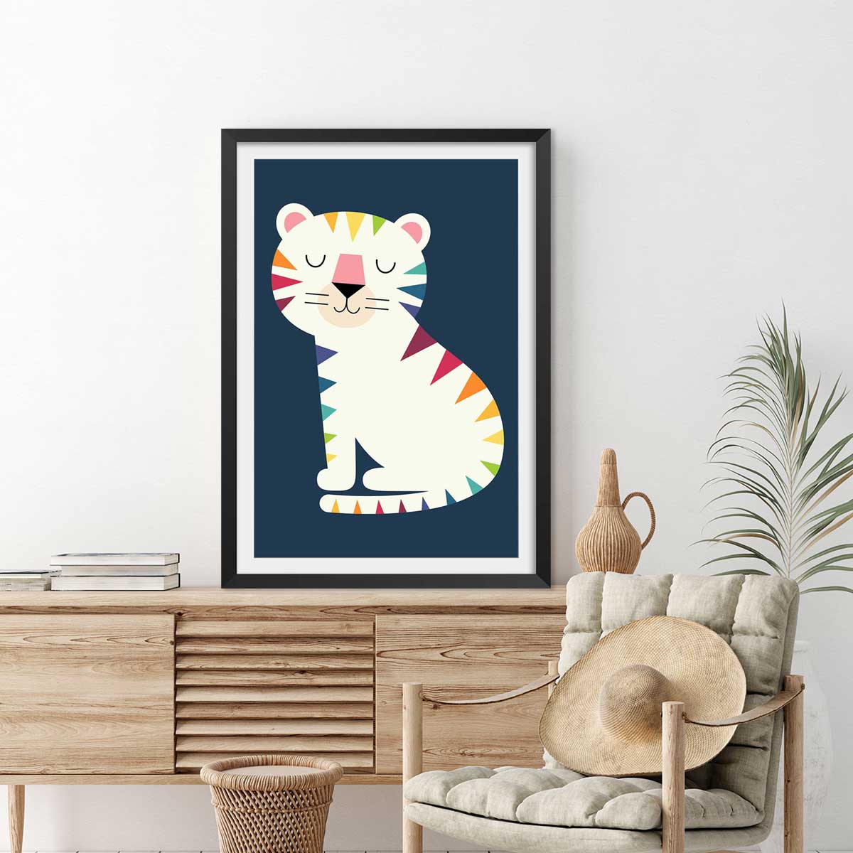 Affiche tigre en arc en ciel affiche + cadre en bois - noir, HEXOA