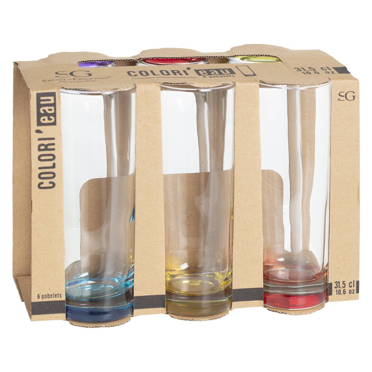 Lot de 6 verres hauts en verre COLORI'EAU multicolore, SECRET DE GOURMET