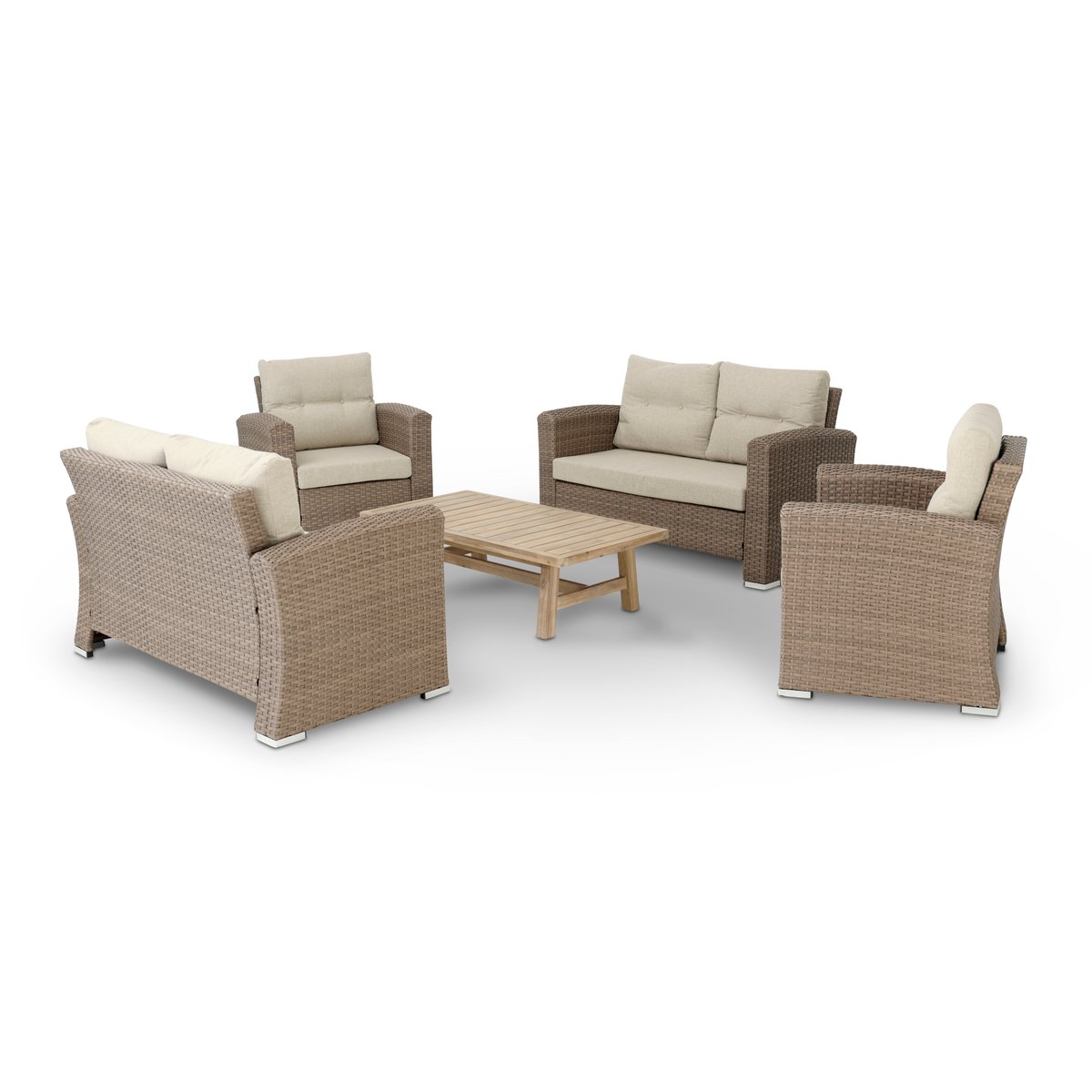 Salon de jardin 6 places, BOLONIA & SIENA rotin synthétique beige-marron, coussins beige, DEFORA HOME