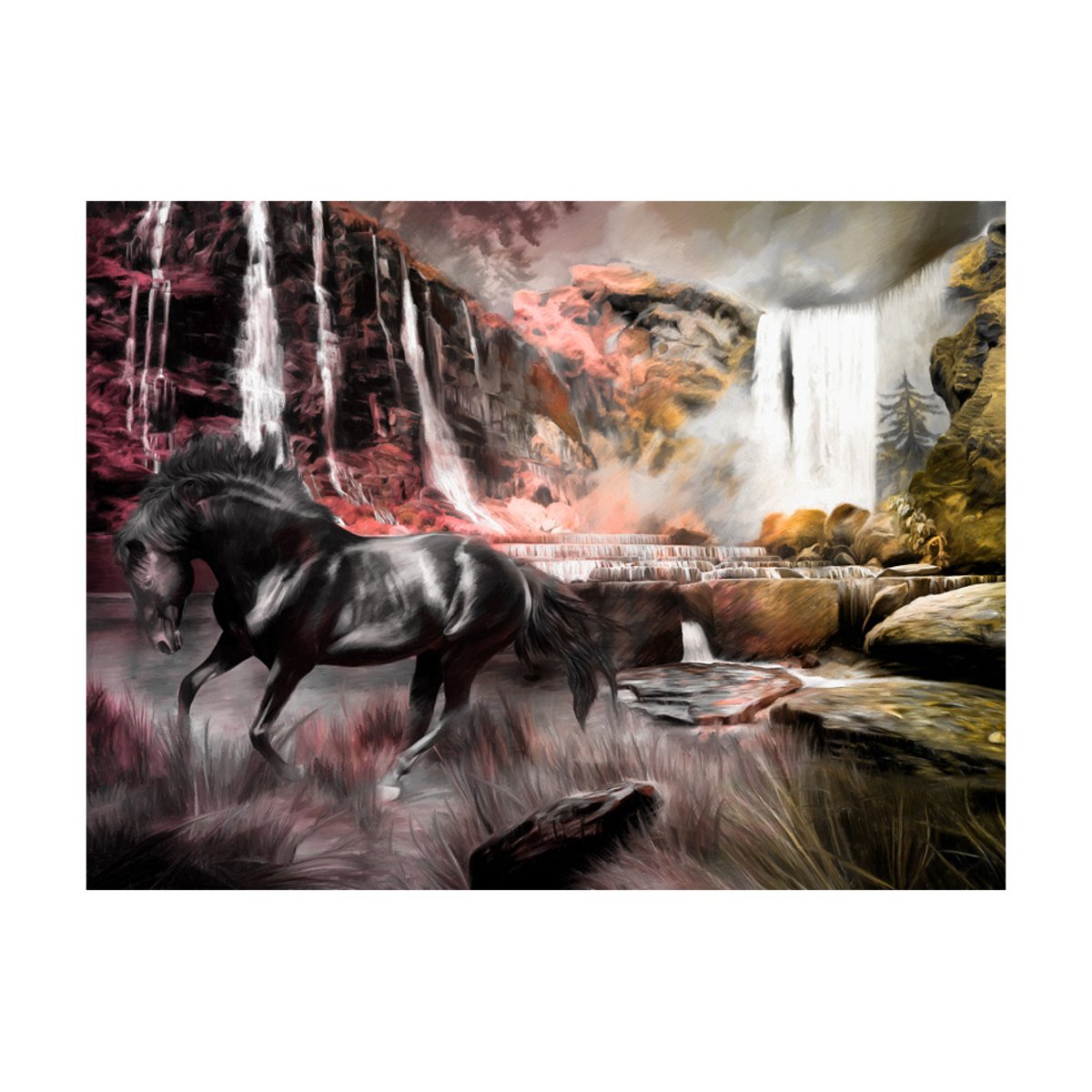 Papier peint intissé panoramique Animaux Cheval noir et cascade blanc, EDEN