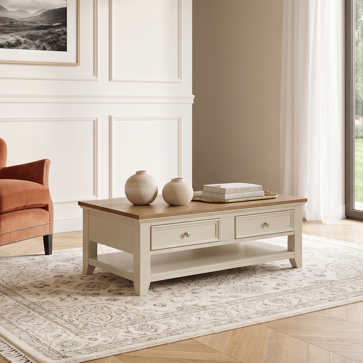 Table basse rectangulaire style contemporain, double plateau, 4 tiroirs ARCHER blanc, ROBIN DES BOIS