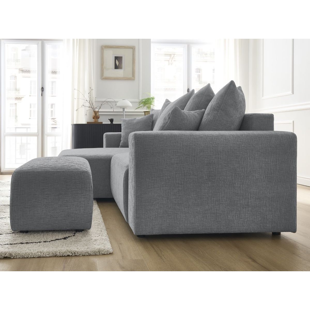 Canapé d'angle convertible 5 places en tissu texturé avec pouf, ATILLA gris foncé, BOBOCHIC