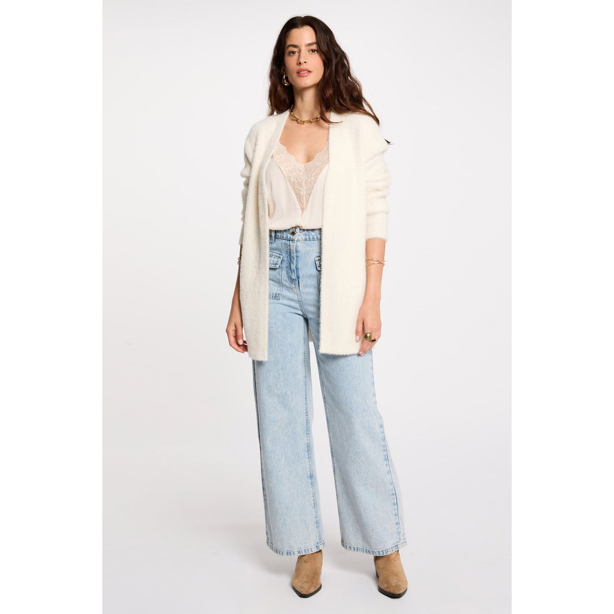 Gilet long maille duveteuse ivoire, MORGAN