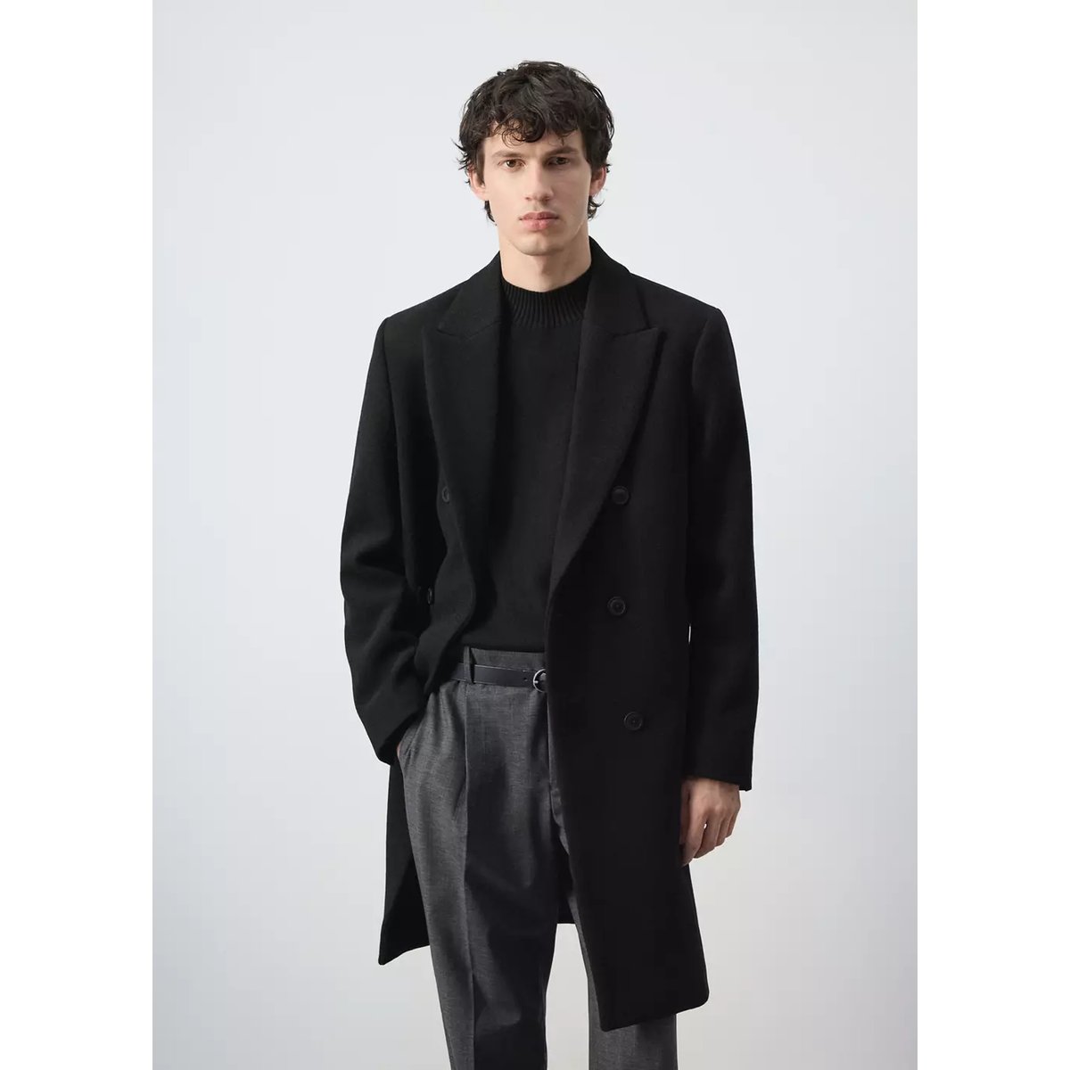 Manteau laine mélangée croisé noir, MANGO MAN