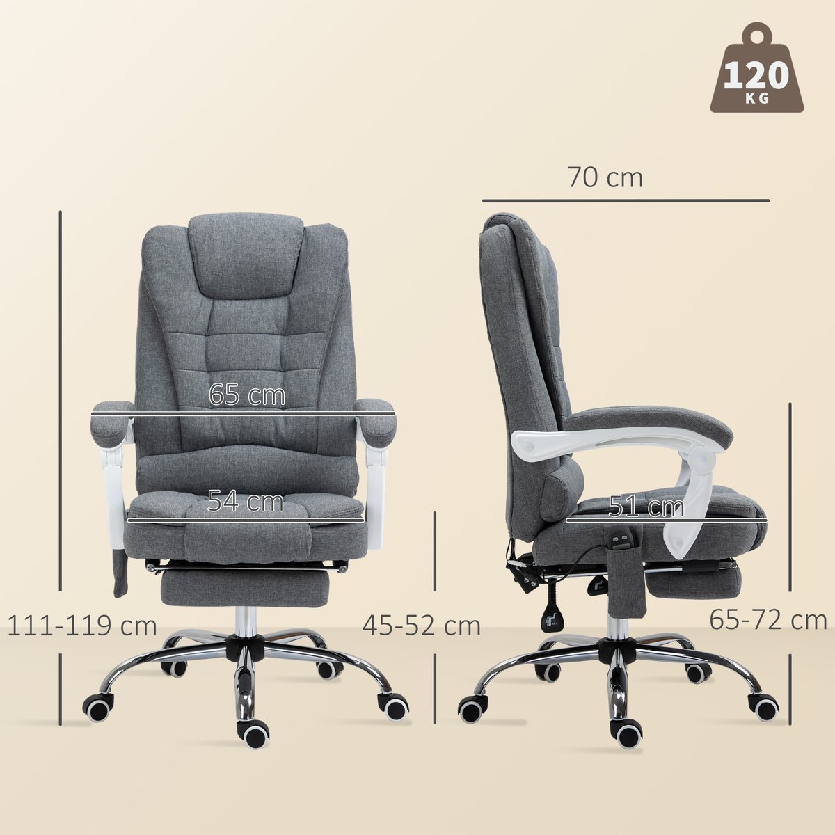 Fauteuil de bureau avec fonction massage gris, HOMCOM