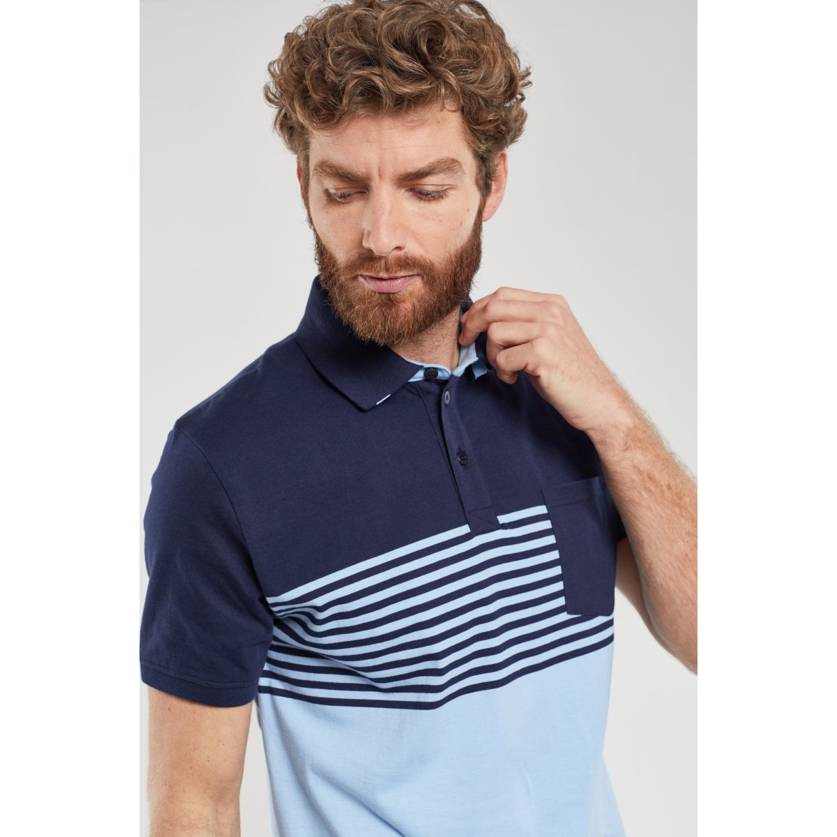 Polo bicolore rayé en coton léger river/marine deep, GUY DE BERAC