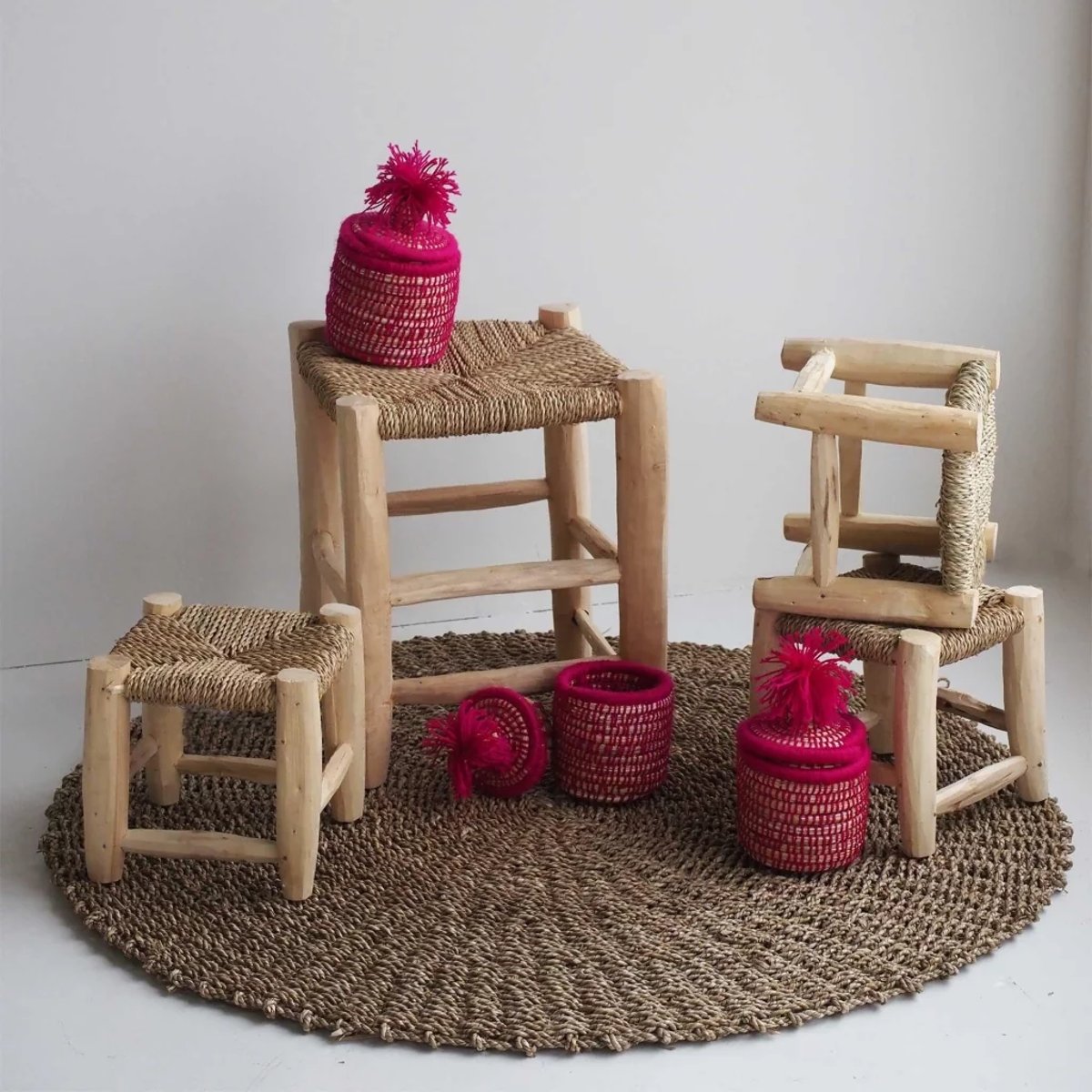 Mini tabouret enfant vintage en bois et doum naturel, HYDILE