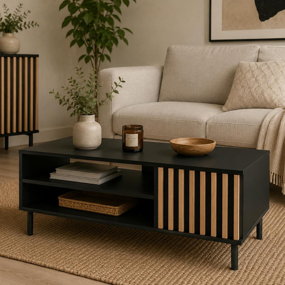 Table basse noire décor bois avec rangement NOREN noir, PIER IMPORT