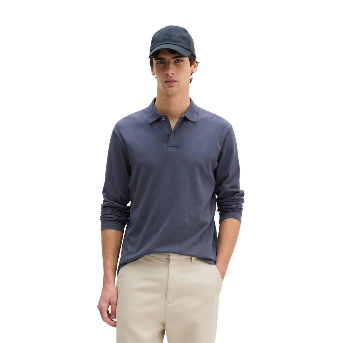 Polo à manches longues regular en coton et lin mélangés gris foncé, MARC O'POLO