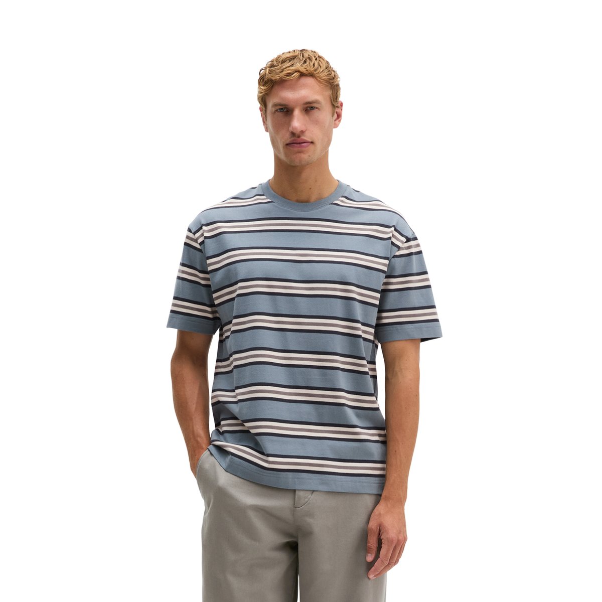 T-shirt regular en coton bio teint en fil bleu, MARC O'POLO