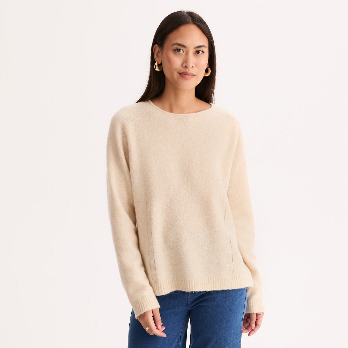 Maglione a collo rotondo in maglia fine, con sciarpa rimovibile beige chiaro chiné, ANNE WEYBURN