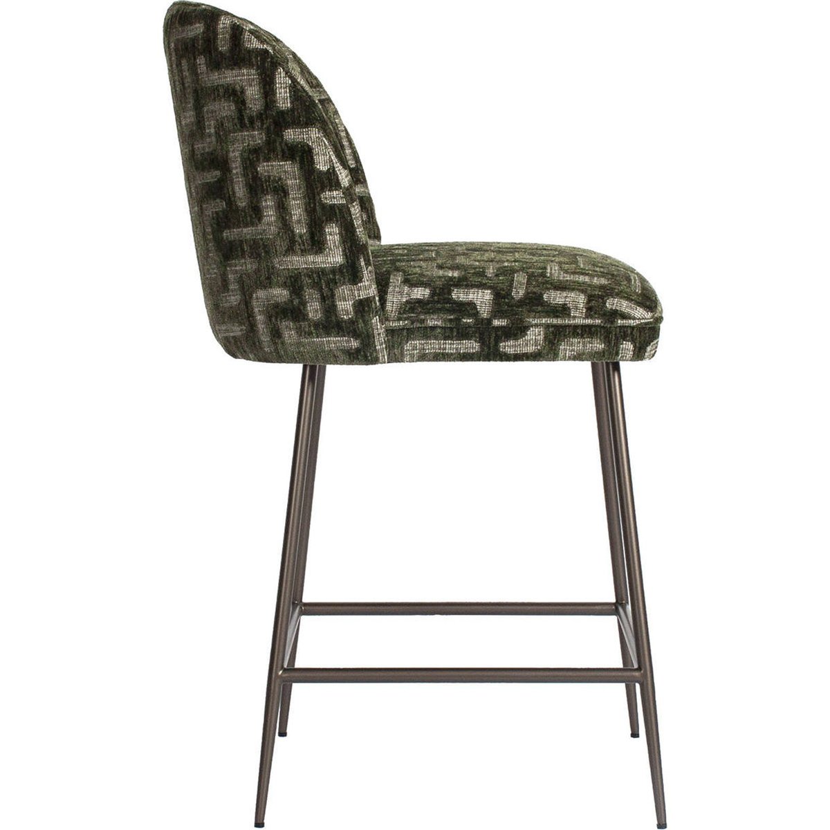 Tabouret de comptoir métal, Assise rembourrée vert mousse motif labyrinthe, RECOLLECTION