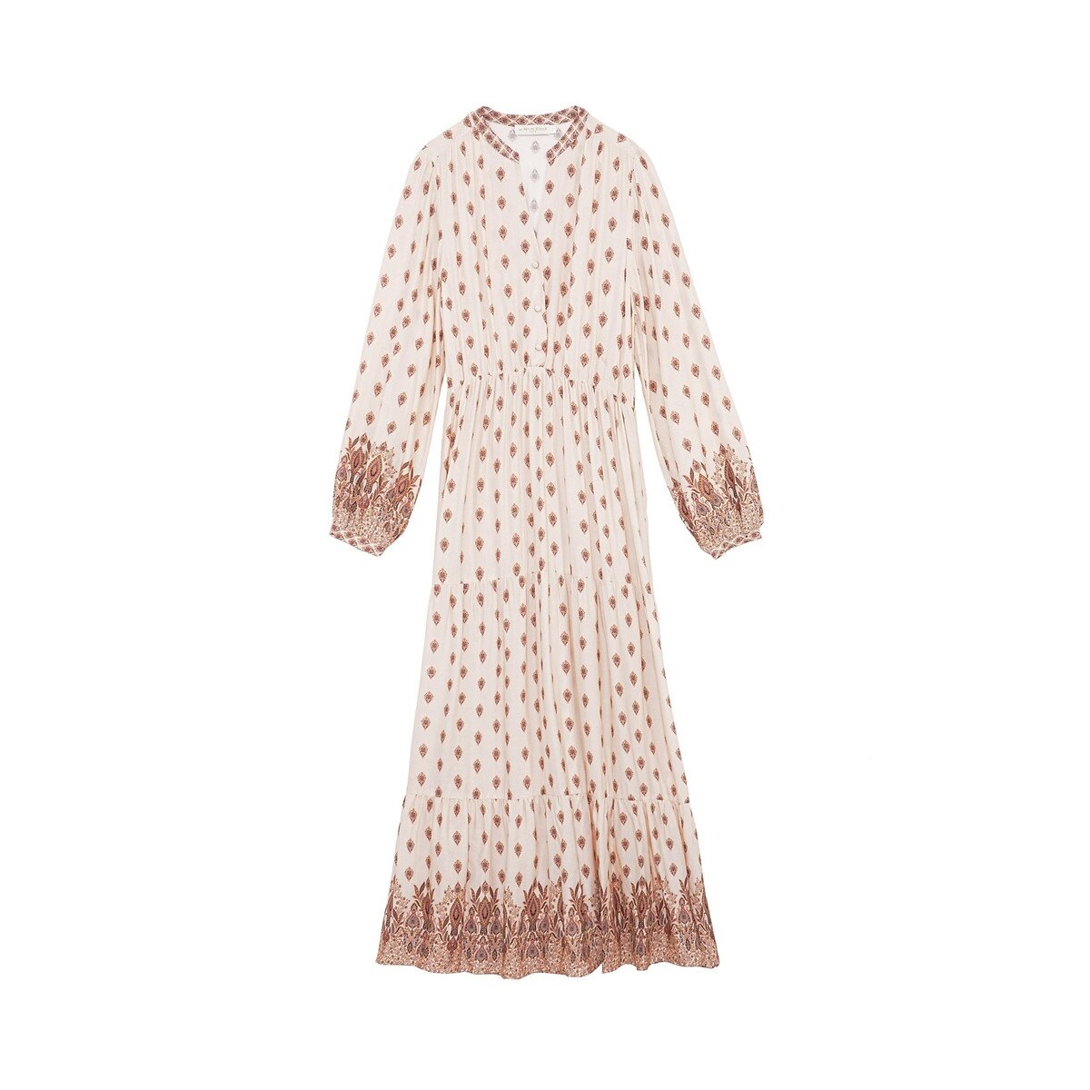 Rym Draping Maxi Dress with V-Neck and Long Sleeves printed pink blush, LA PETITE ETOILE
