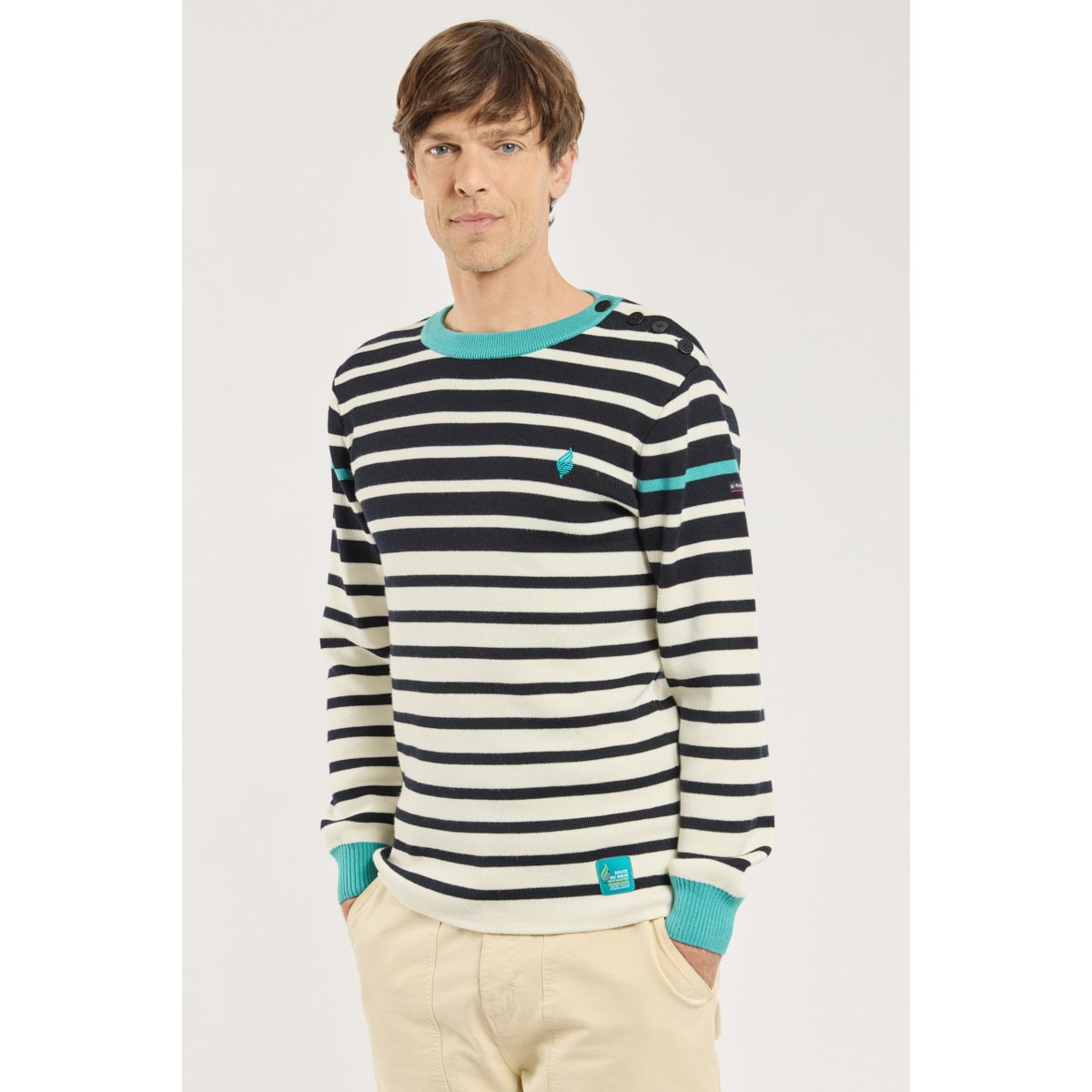 Pull marin - laine et acrylique blanc/ marine deep/ pool b, ARMOR-LUX