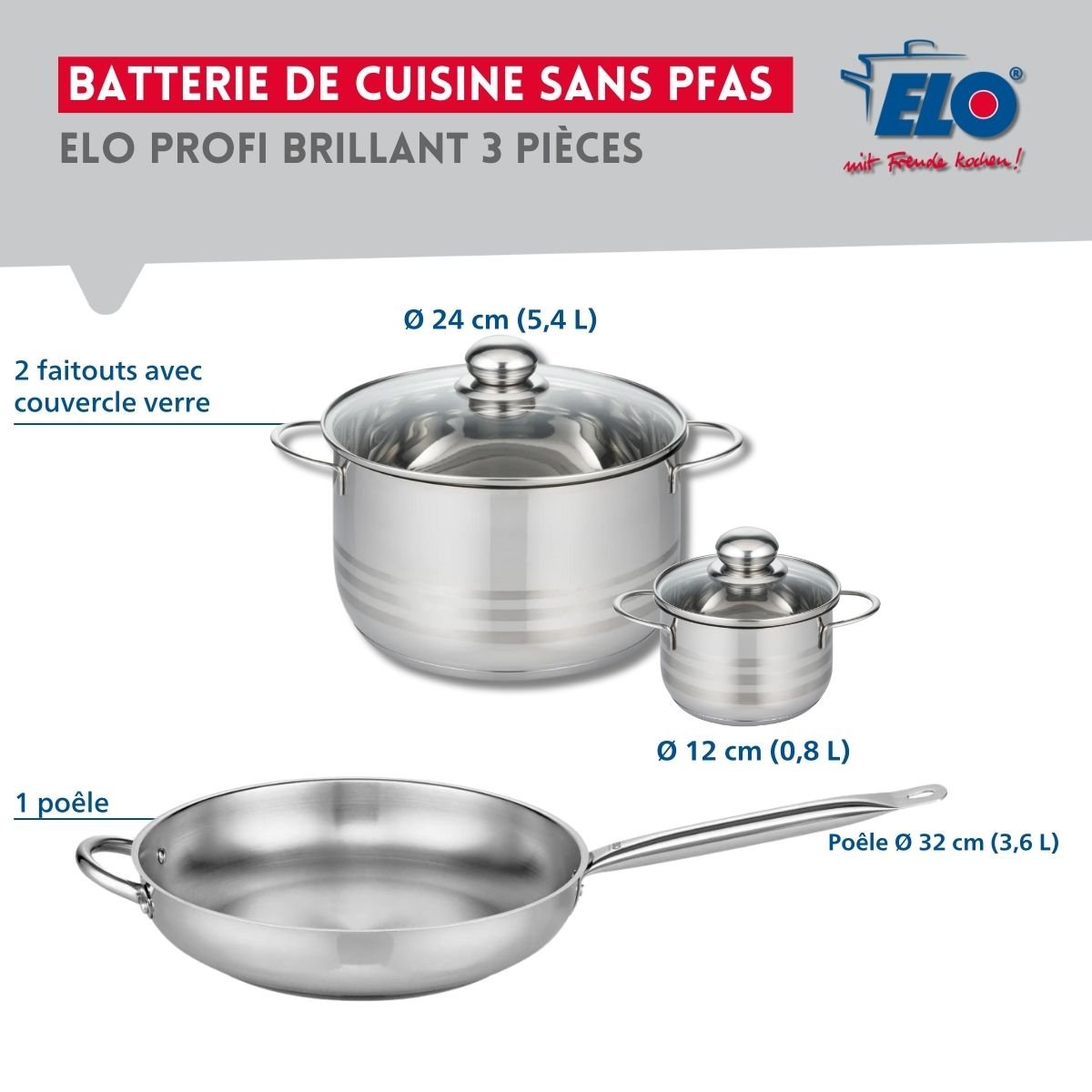 Batterie 1 poêle 32cm + 2 faitouts 12/24cm PROFI BRILLANT gris, ELO