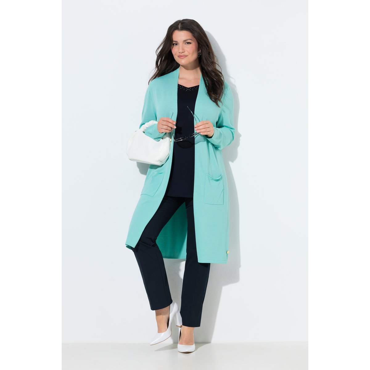 Cardigan long à col montant. Coupe ouverte turquoise clair, ULLA POPKEN