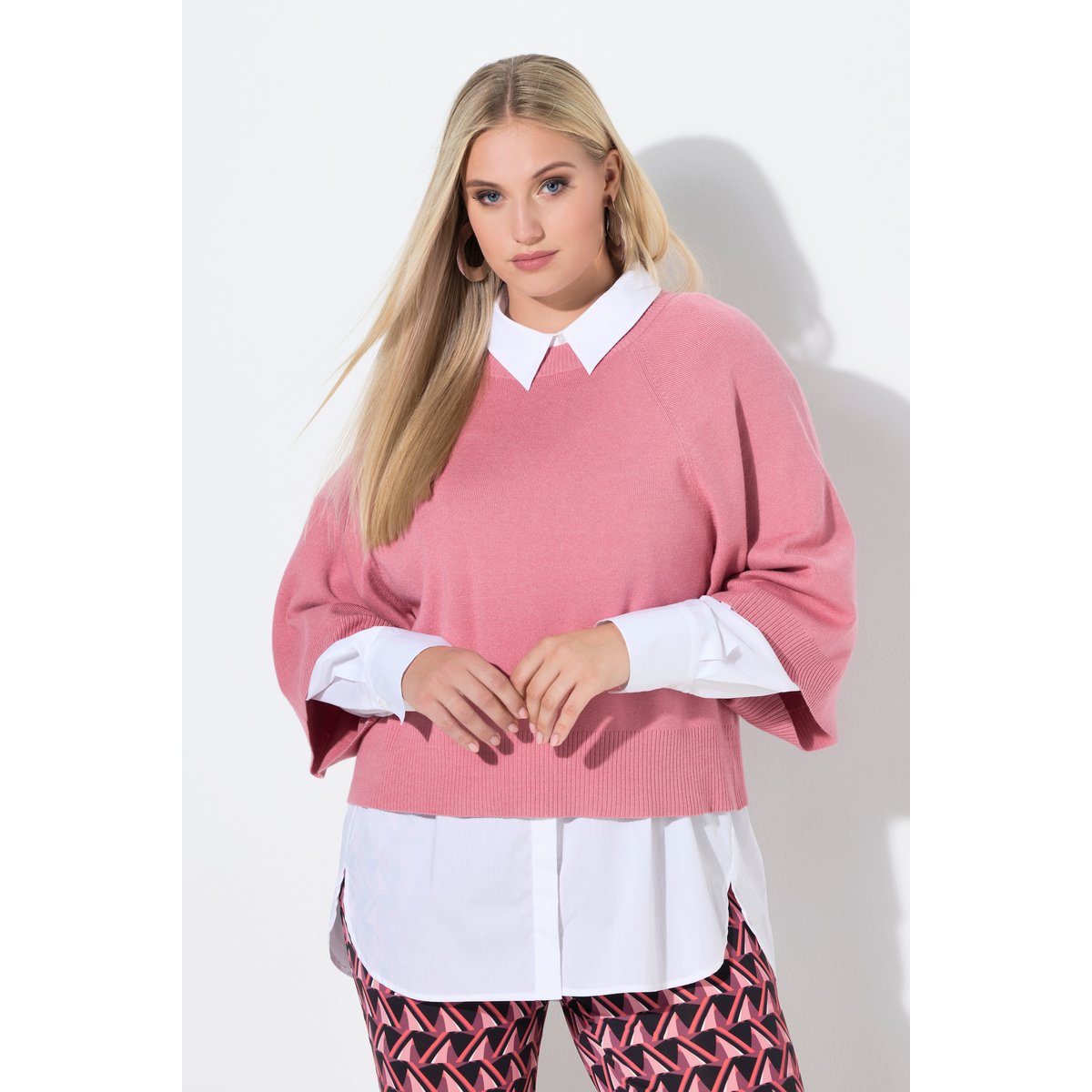 Pull court à col rond et manches 3/4 rose, ULLA POPKEN