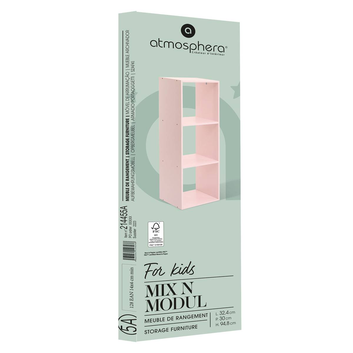 Étagère enfant 3 cases modulable MIX'N MODUL rose, ATMOSPHERA FOR KIDS