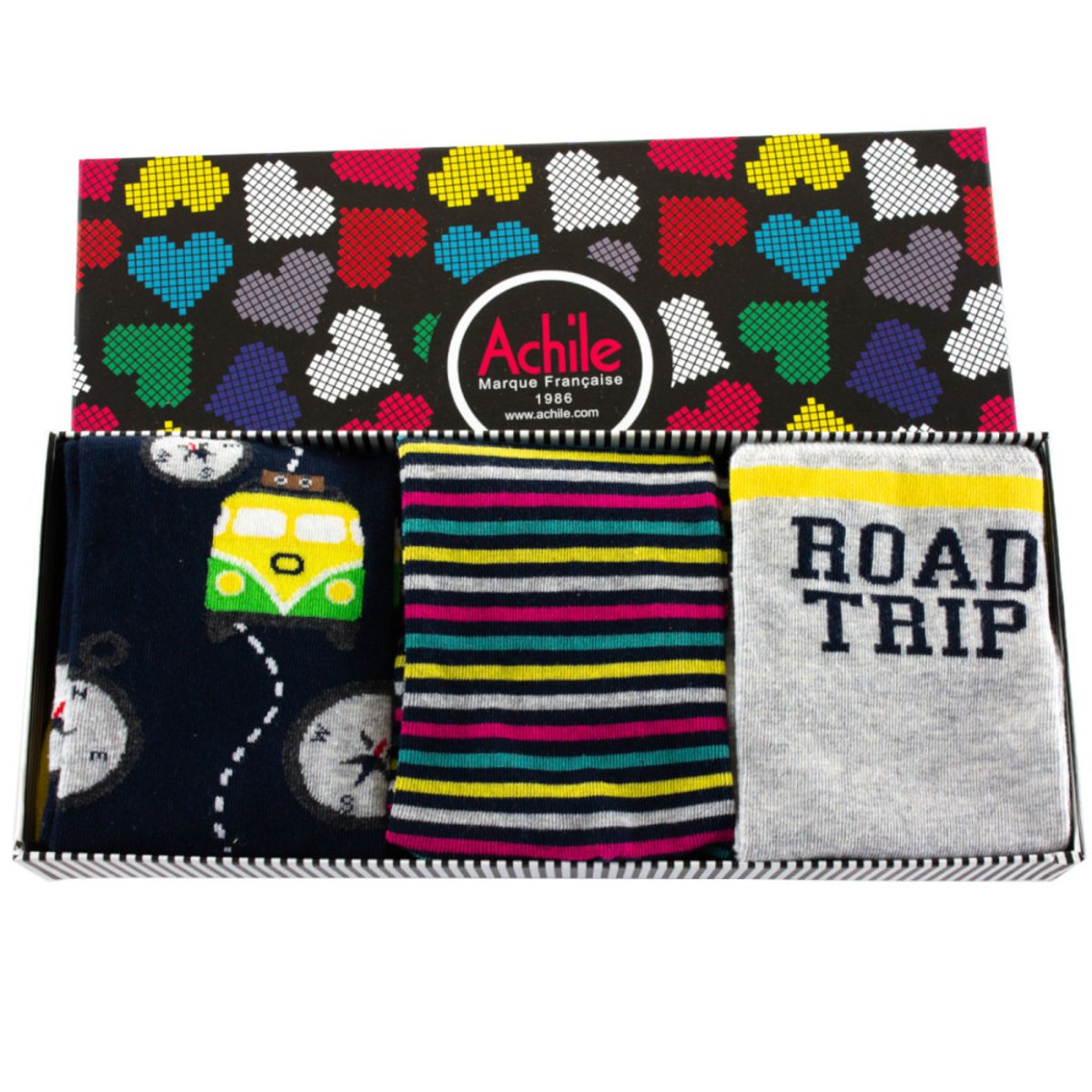 Coffret cadeau Homme contenant 3 paires de chaussettes fantaisie Road Trip Coton assorti, ACHILE