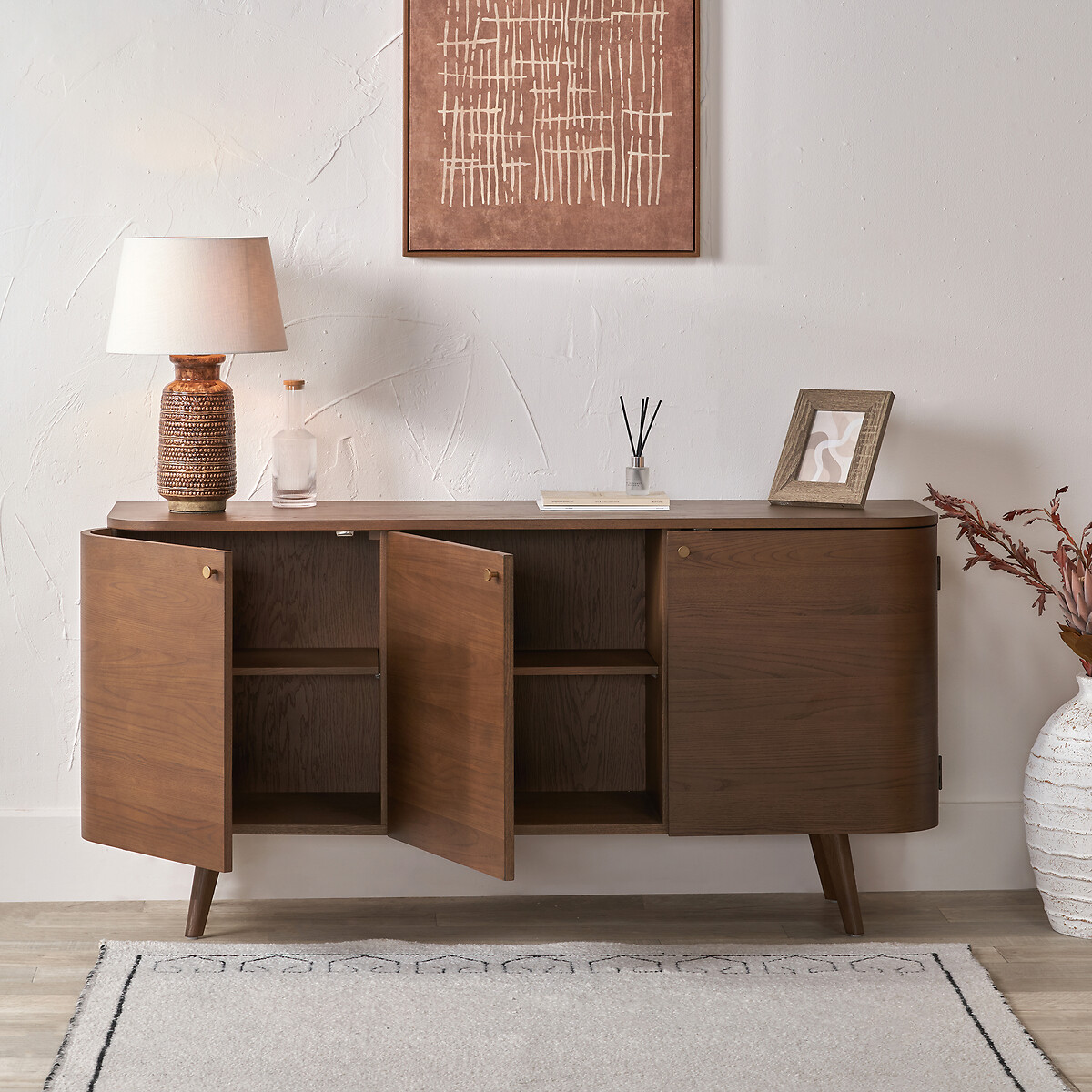 Elion Retro Dark Ash Wood 3 Door Sideboard dark wood, SO'HOME