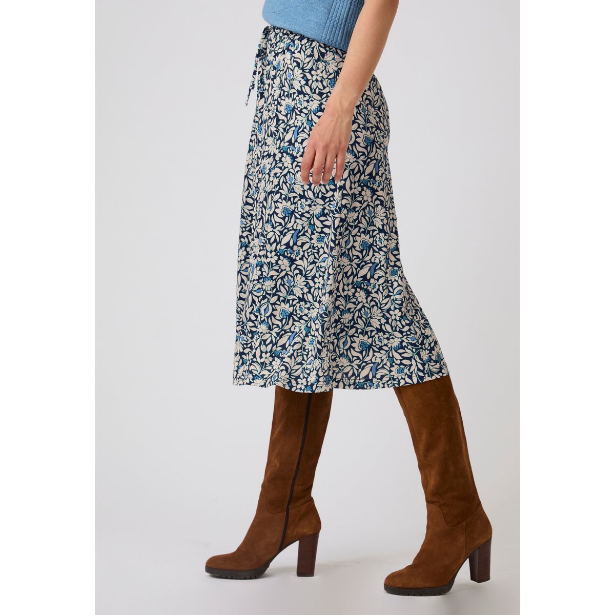 Jupe maille crêpe stretch bleu fleuri, DAMART