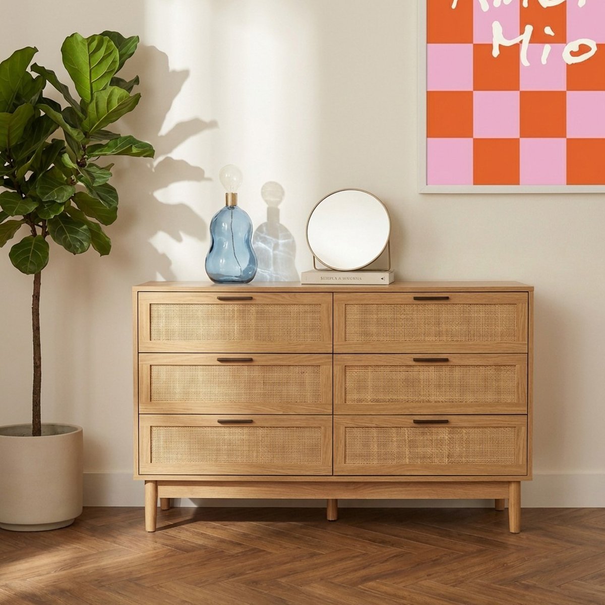 Commode cannage rotin 6 tiroirs AMANA chêne clair, BAÏTA