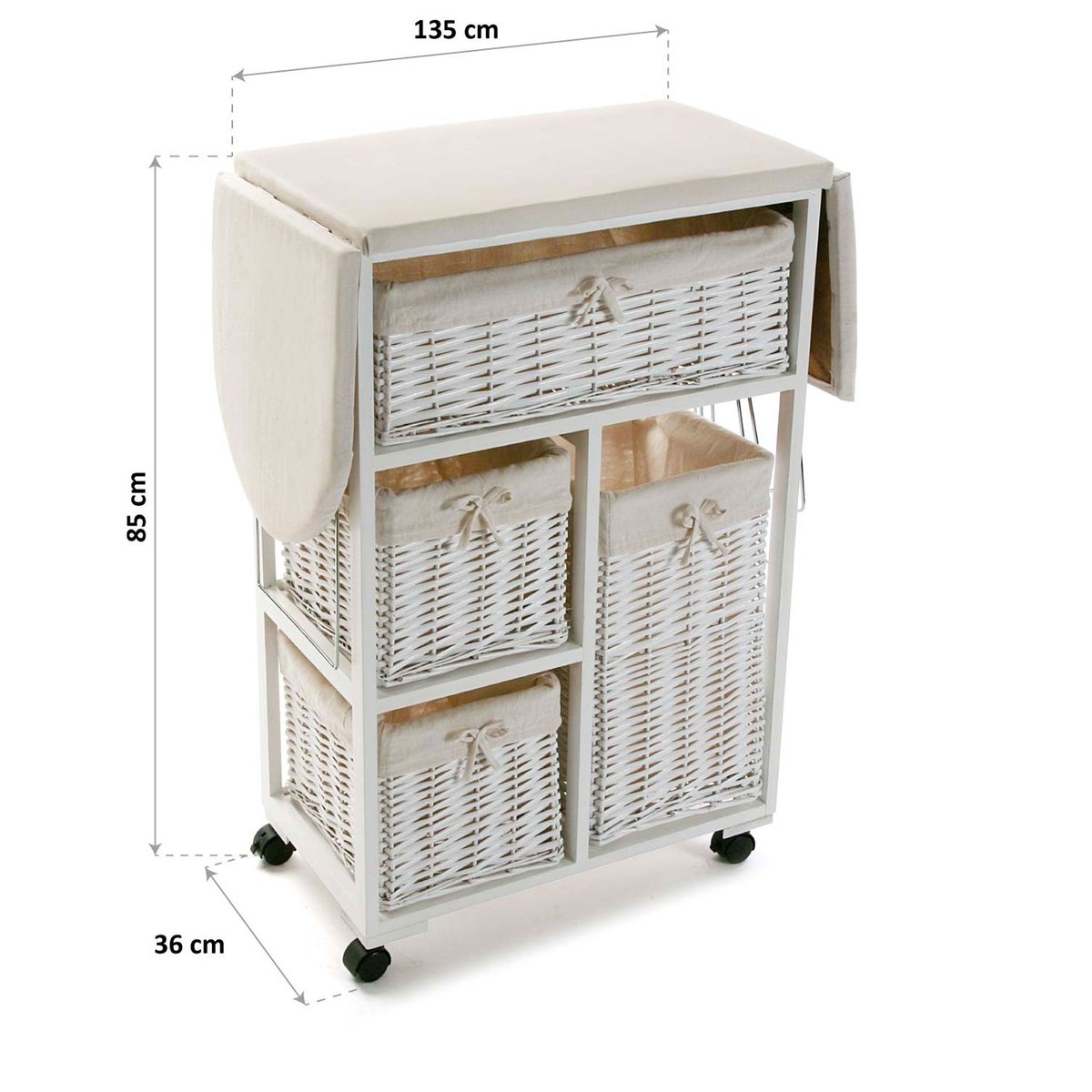 Table à repasser meuble avec paniers rangement blanc 64x36x89cm bois, VERSA