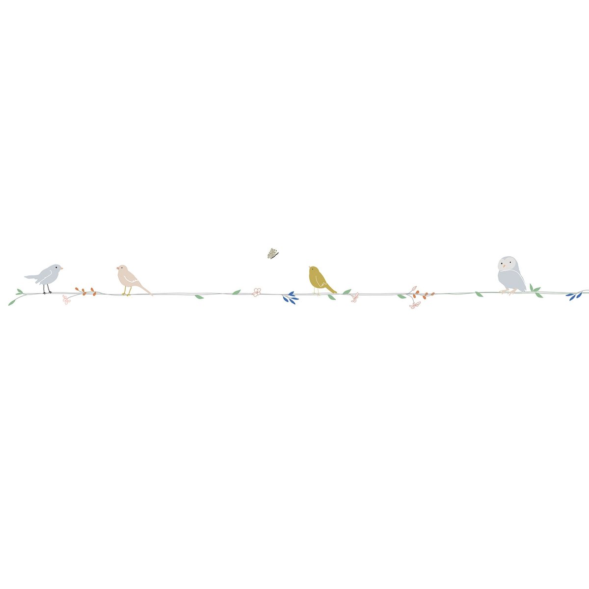 Frise adhésive Fleurs et Oiseaux gris, vert, bleu, MIMI'LOU