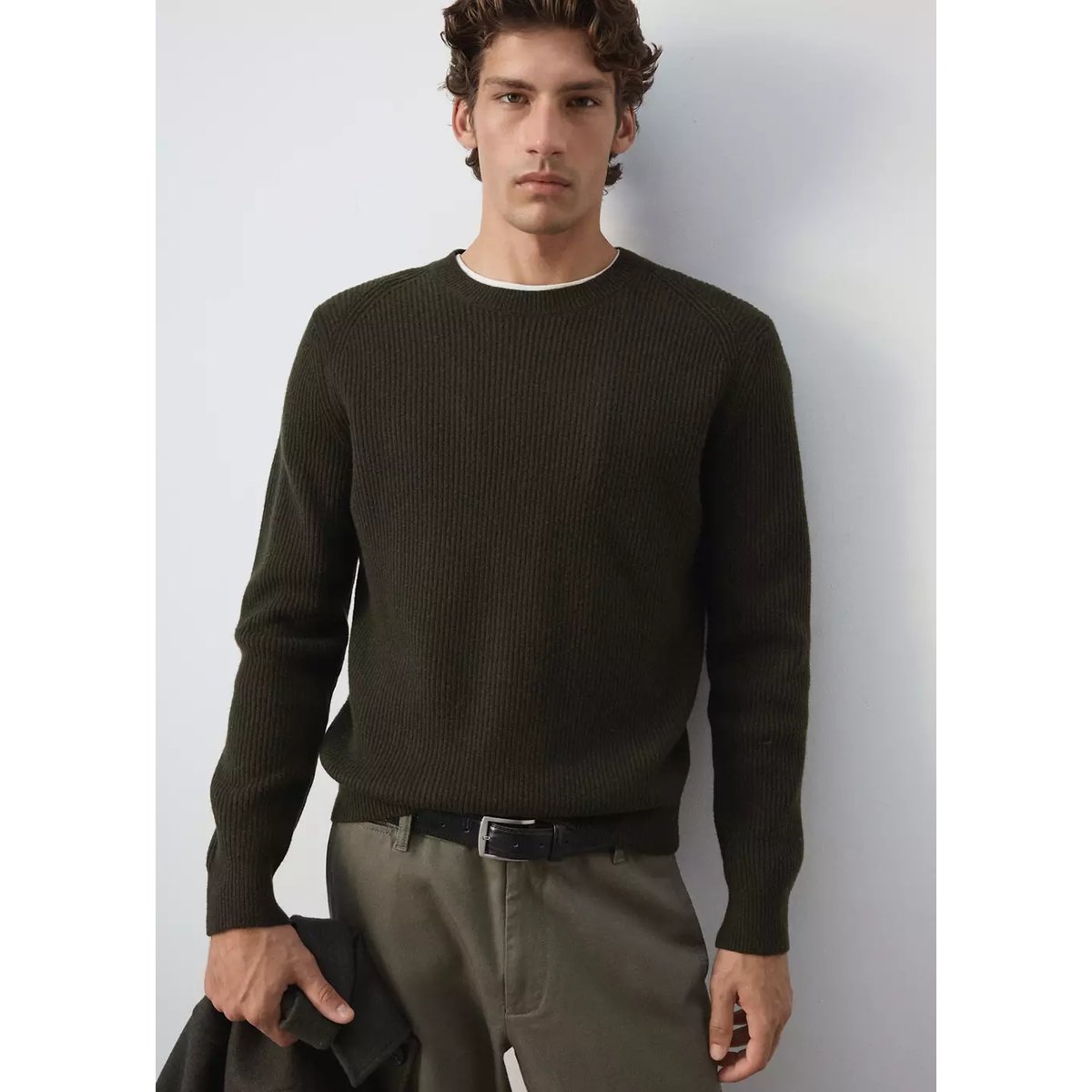 Pull-over maille côtelée kaki, MANGO MAN