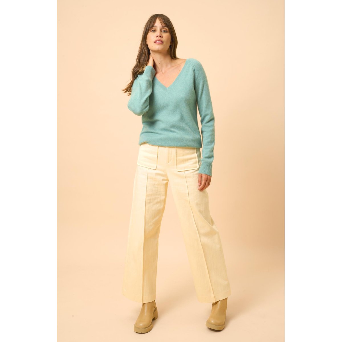 Pull Col V  Vert Chiné Phoebe vert, JUST CASHMERE