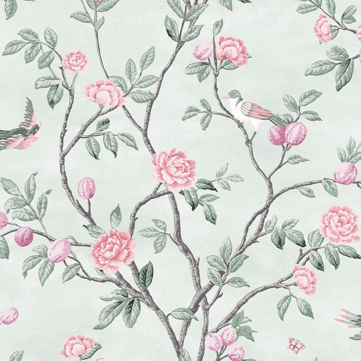 Papier peint Oiseaux Fleurs Eglantine vert d'eau, LAURA ASHLEY