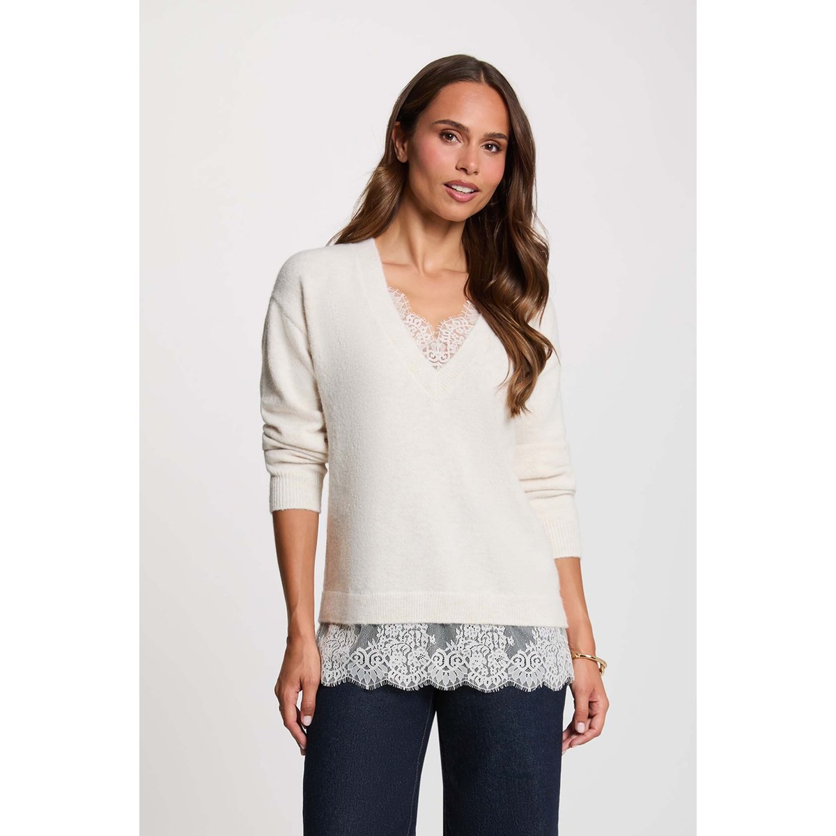 Pull col v manches longues ivoire, MORGAN