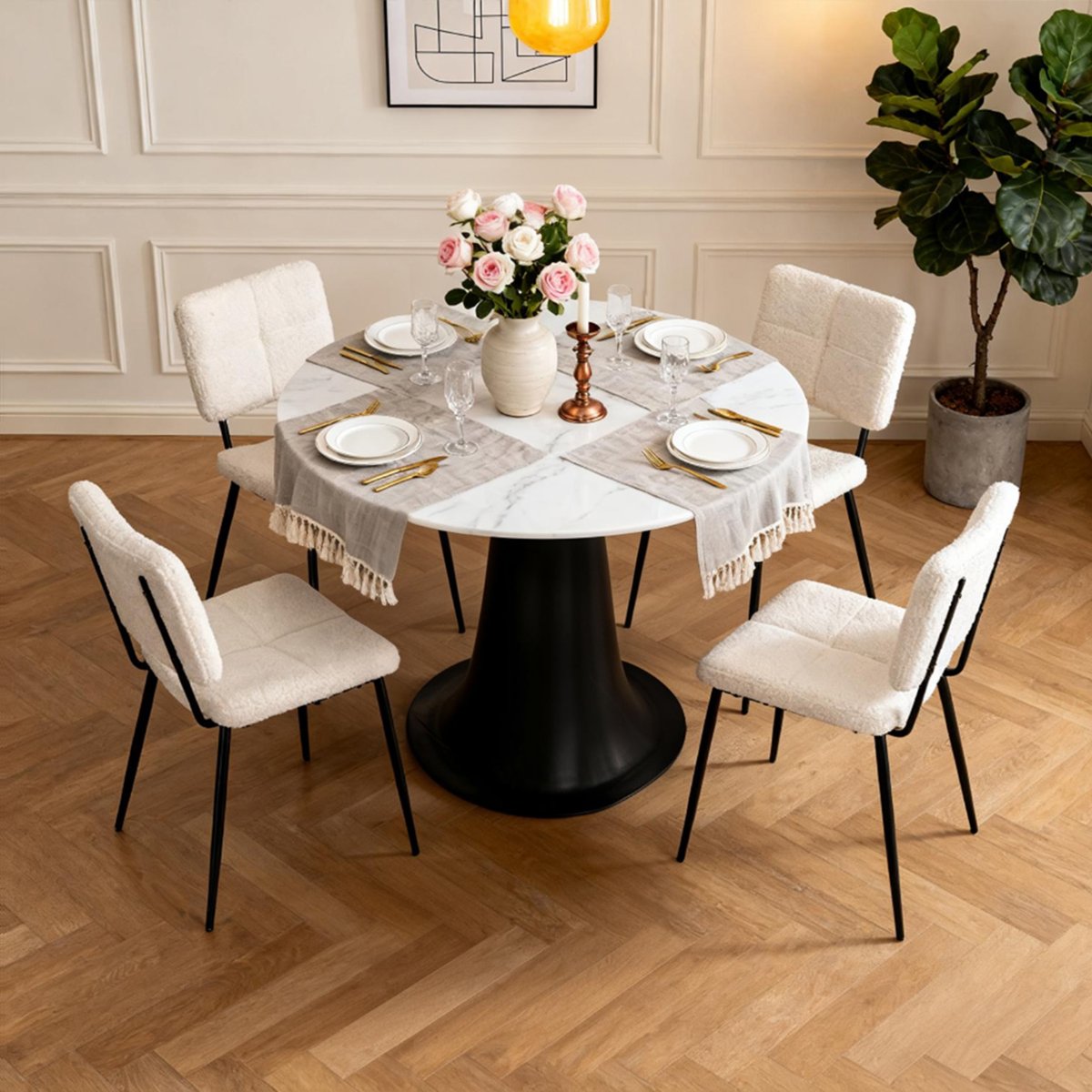 Lot de 4 chaises de salle à manger en bouclette, POMONA beige, MEUBLES COSY