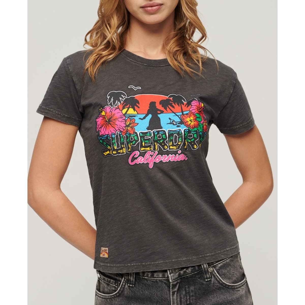 T-shirt ajusté Cali Sticker noir vintage, SUPERDRY