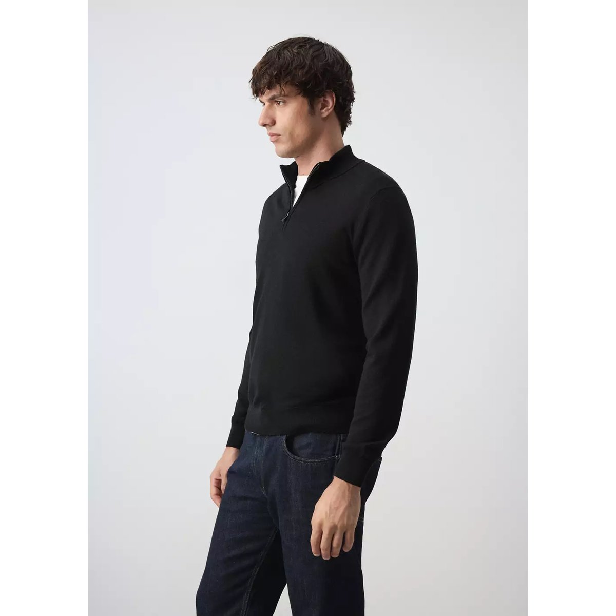 Pull-over 100 % laine mérinos col zippé noir, MANGO MAN