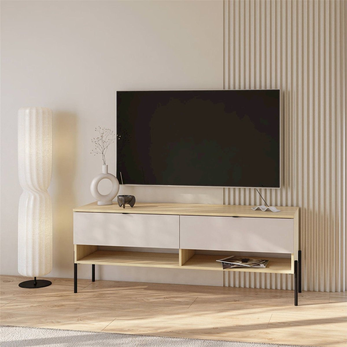 Meuble tv bois collection ORE, 2 Tiroirs cachemire, RECOLLECTION
