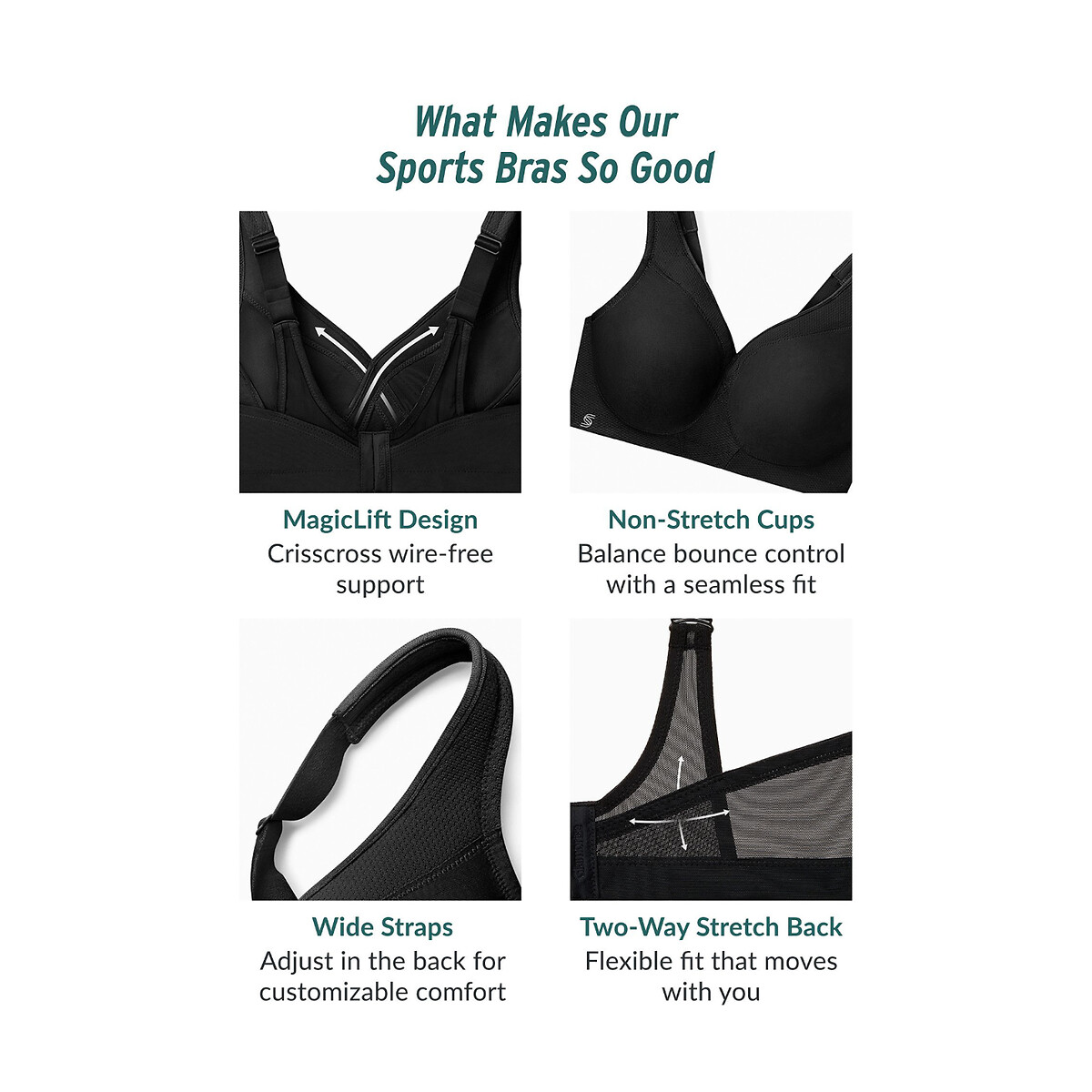 Soutien-gorge de sport, sans armatures, Magic Lift noir, GLAMORISE