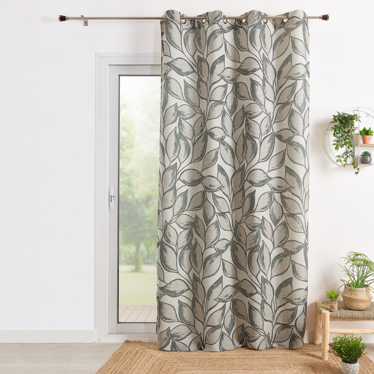 Rideau poly-lin imprimé feuilles aquarelle - QABANE vert, HOME MAISON