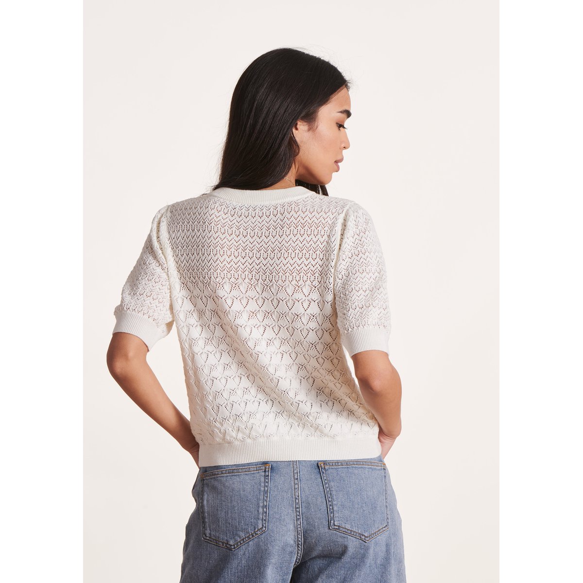 Pull manches courtes en maille pointelle ecru, LA FEE MARABOUTEE