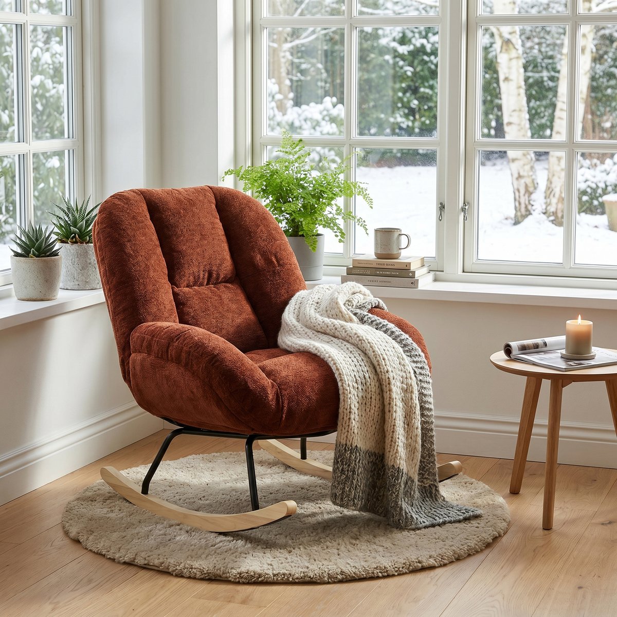 Fauteuil à bascule rocking chair en tissu chenille style scandinave, LITHOPS rouge, MEUBLES COSY